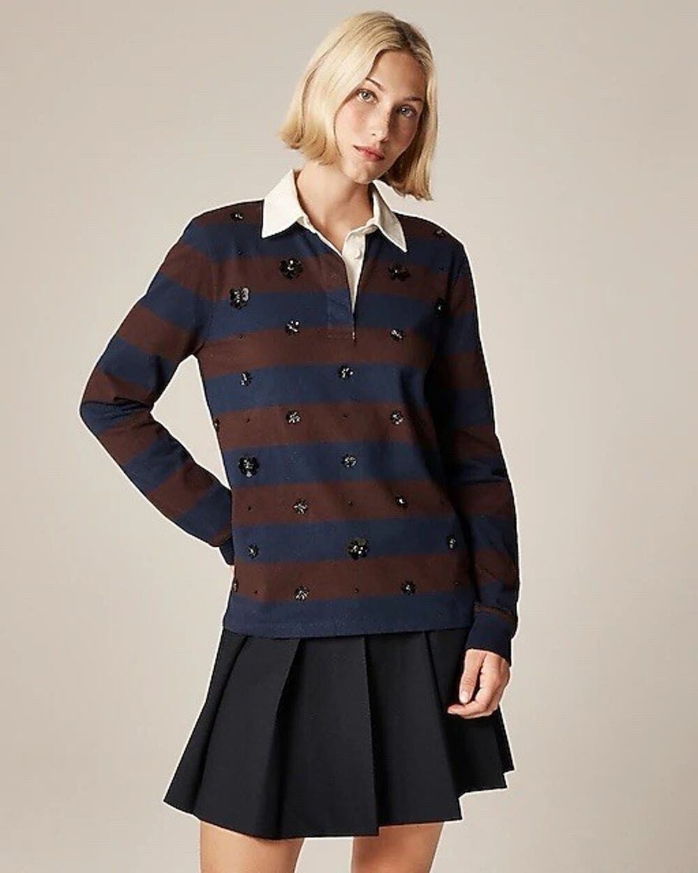 J. Crew Premium Weight Classic Embellished Stripe Preppy Rugby Shirt Size Medium